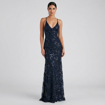 Juliet Sequin Open-Back Maxi Gown