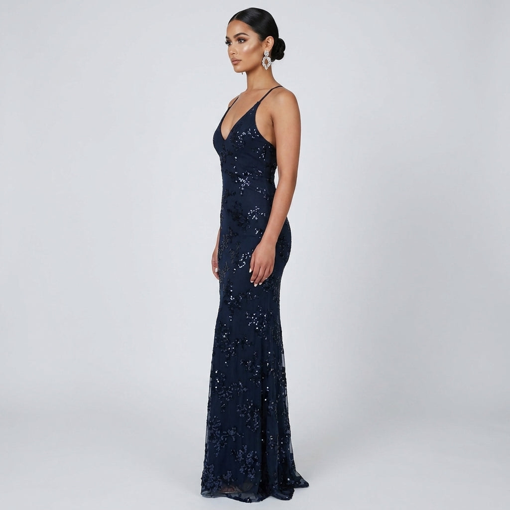 Juliet Sequin Open-Back Maxi Gown