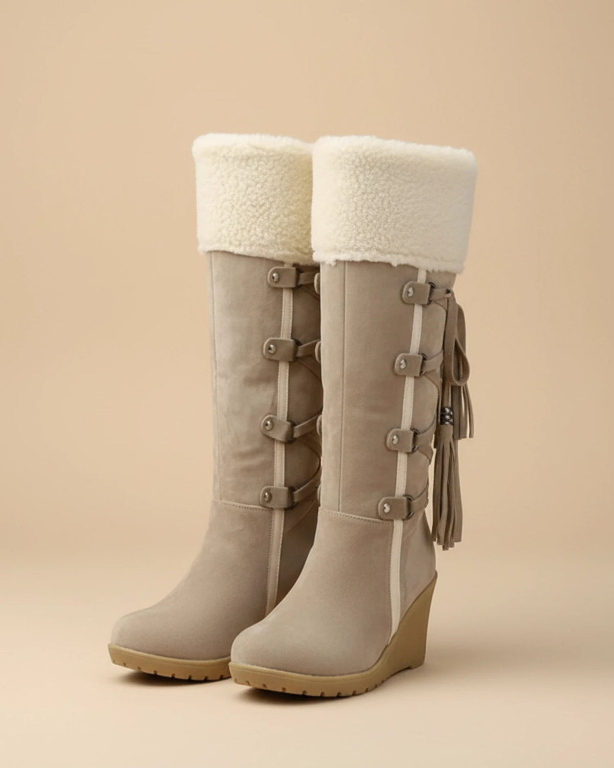 Knee-High Wedge Boots with Faux Fur Trim for Women - photo 1