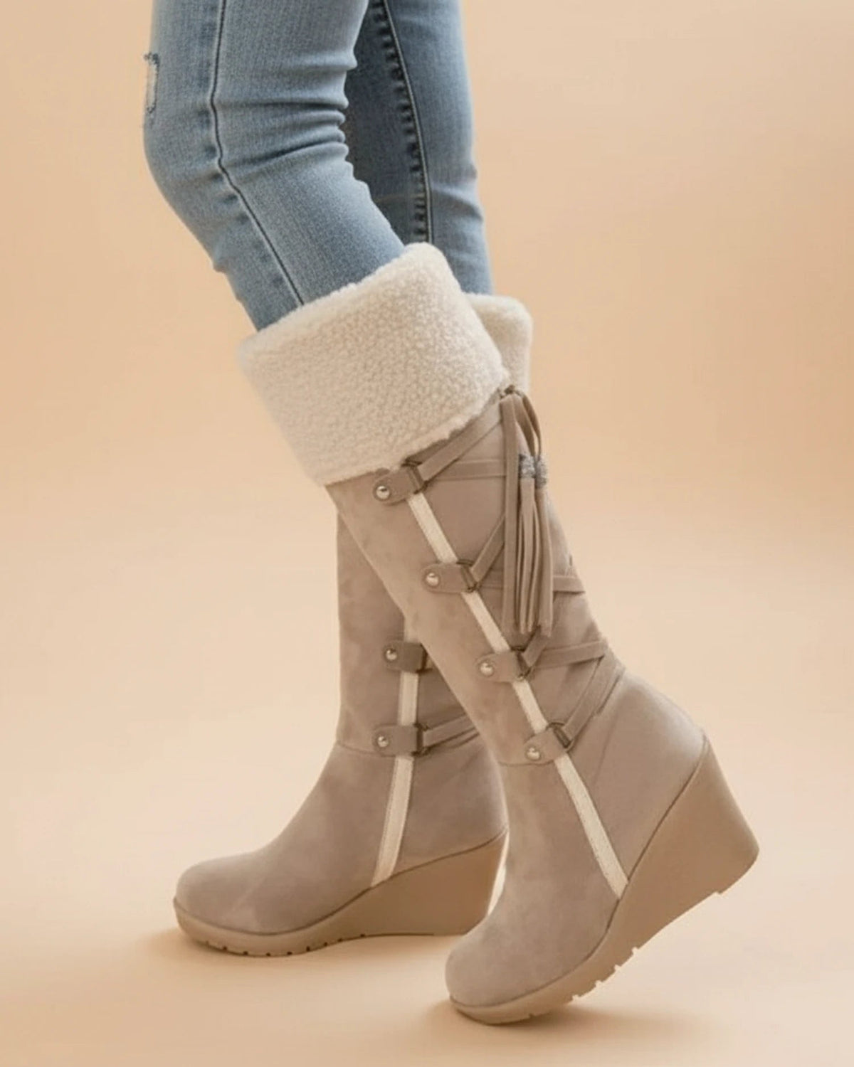 Knee-High Wedge Boots with Faux Fur Trim for Women - photo 2