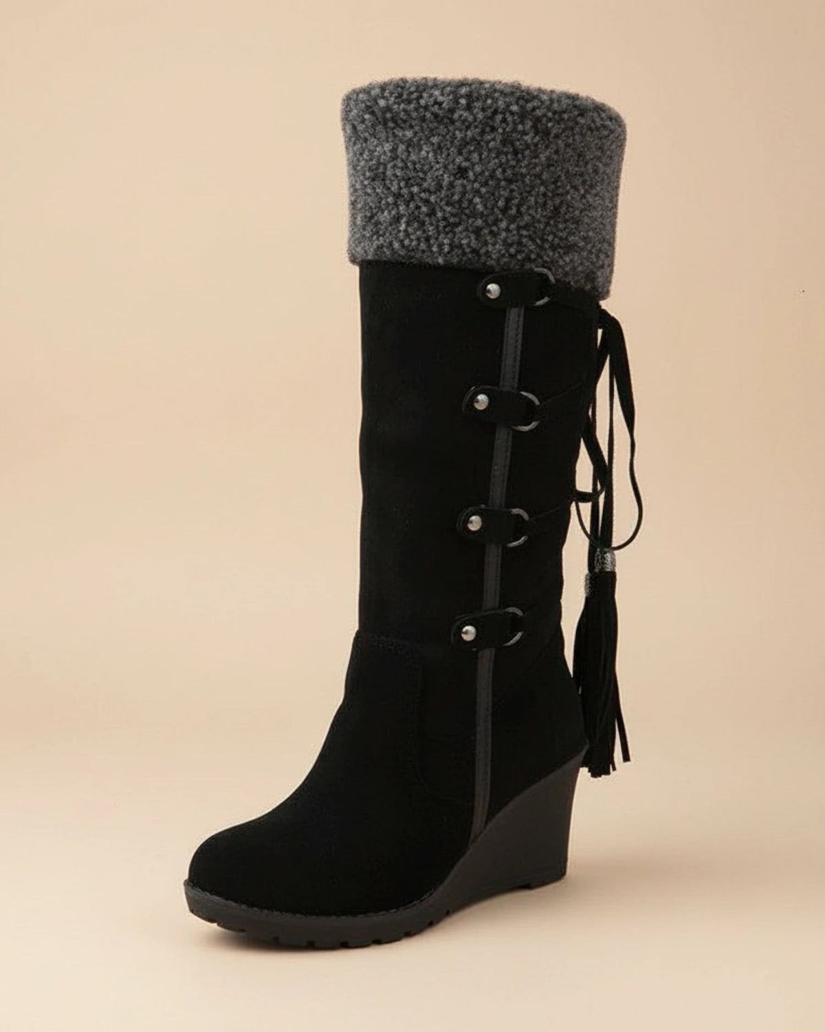Knee-High Wedge Boots with Faux Fur Trim for Women - photo 3