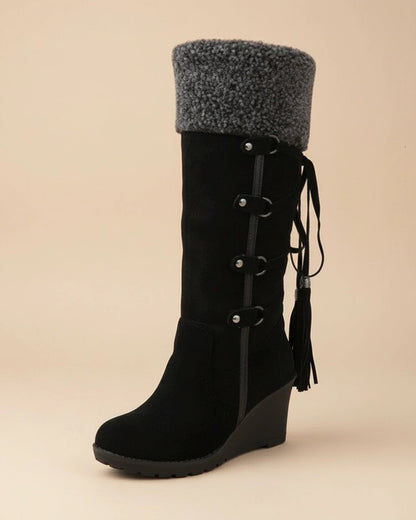 Knee-High Wedge Boots with Faux Fur Trim for Women - photo 3
