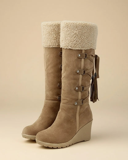 Knee-High Wedge Boots with Faux Fur Trim for Women - photo 4
