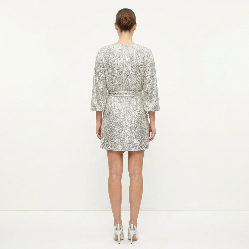 Lara Long-Sleeve Sequin Tie-Belt Mini Dress