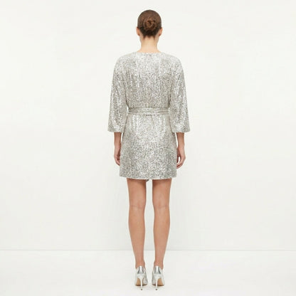 Lara Long-Sleeve Sequin Tie-Belt Mini Dress