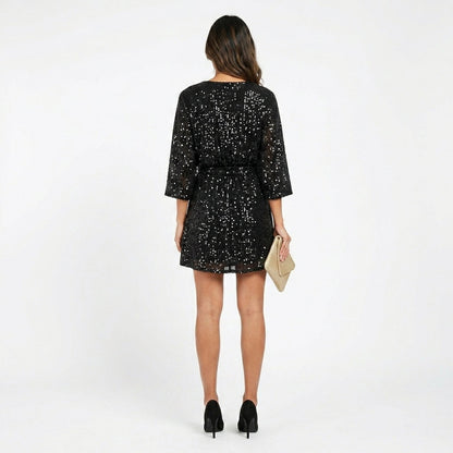 Lara Long-Sleeve Sequin Tie-Belt Mini Dress