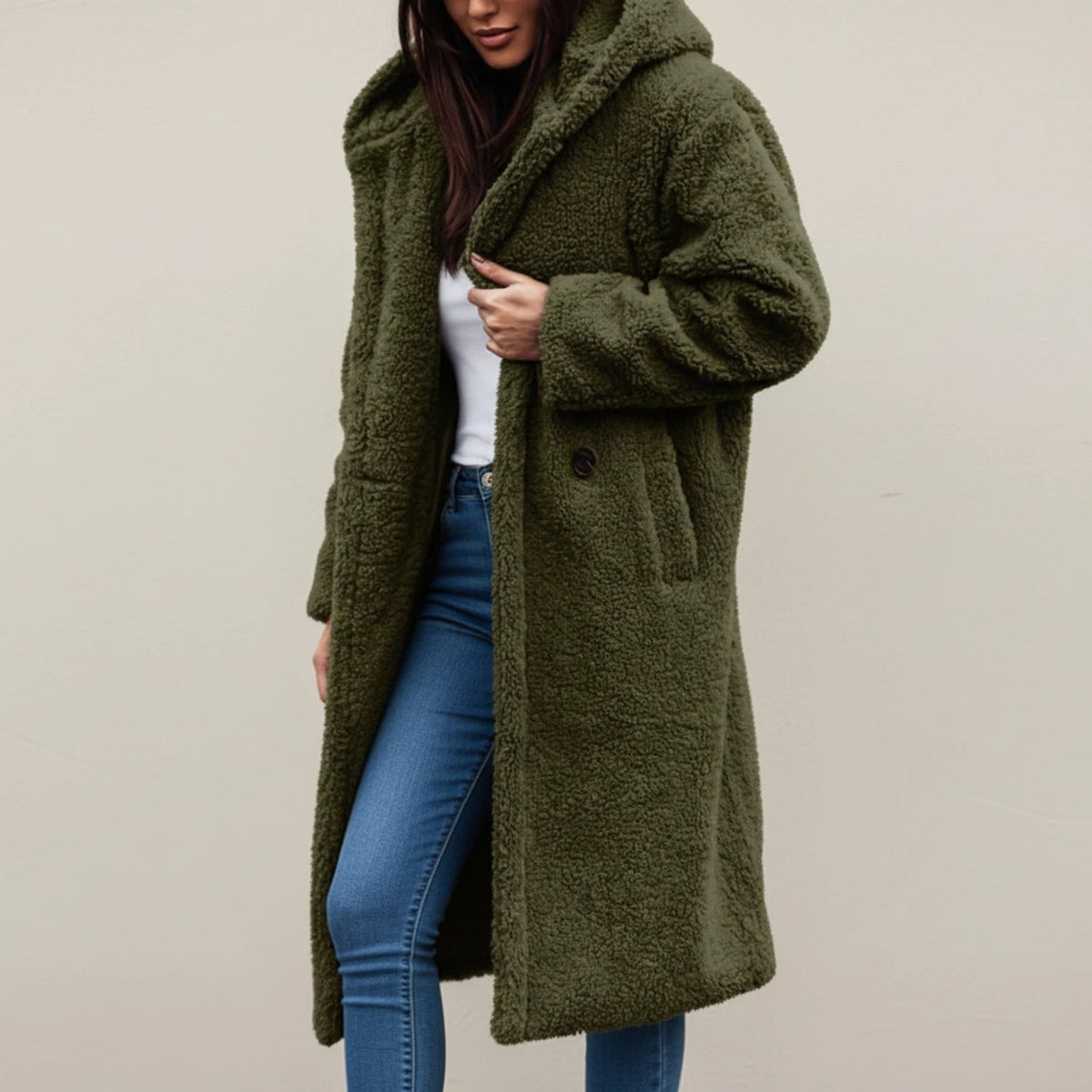 Long Hooded Teddy Coat with Button-Front Closure for Women - photo 1