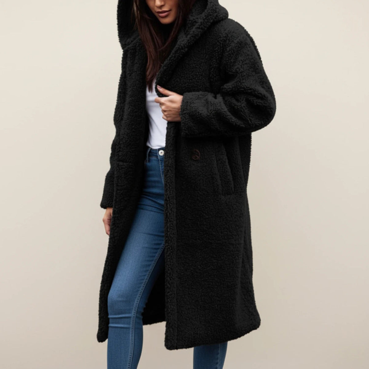 Long Hooded Teddy Coat with Button-Front Closure for Women - photo 2