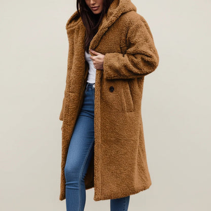 Long Hooded Teddy Coat with Button-Front Closure for Women - photo 3