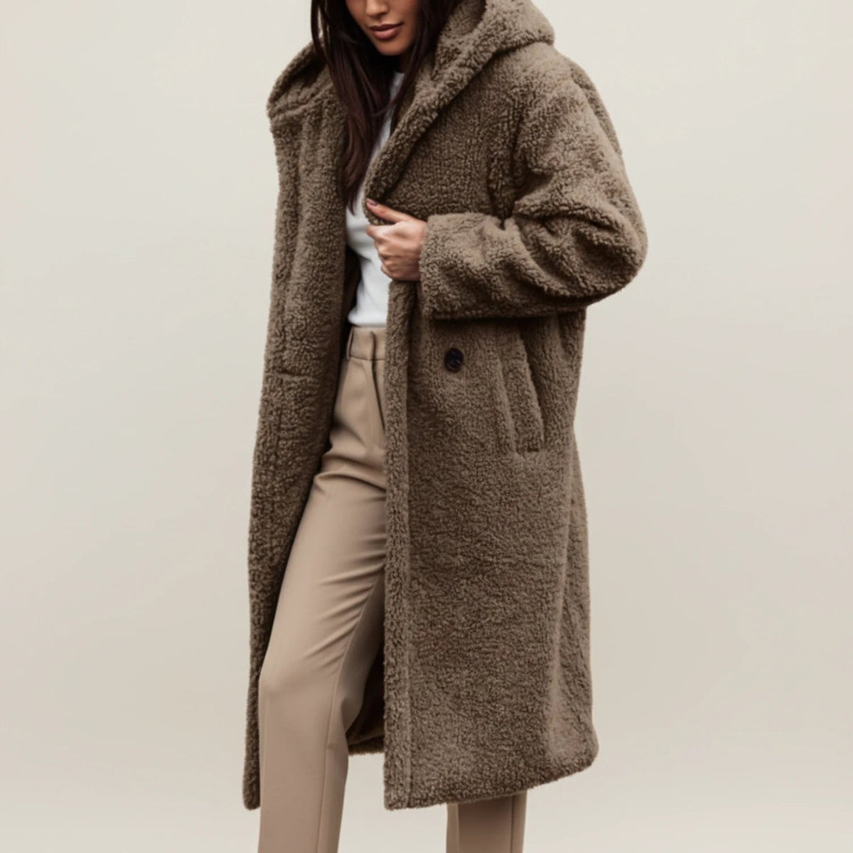 Long Hooded Teddy Coat with Button-Front Closure for Women - photo 4