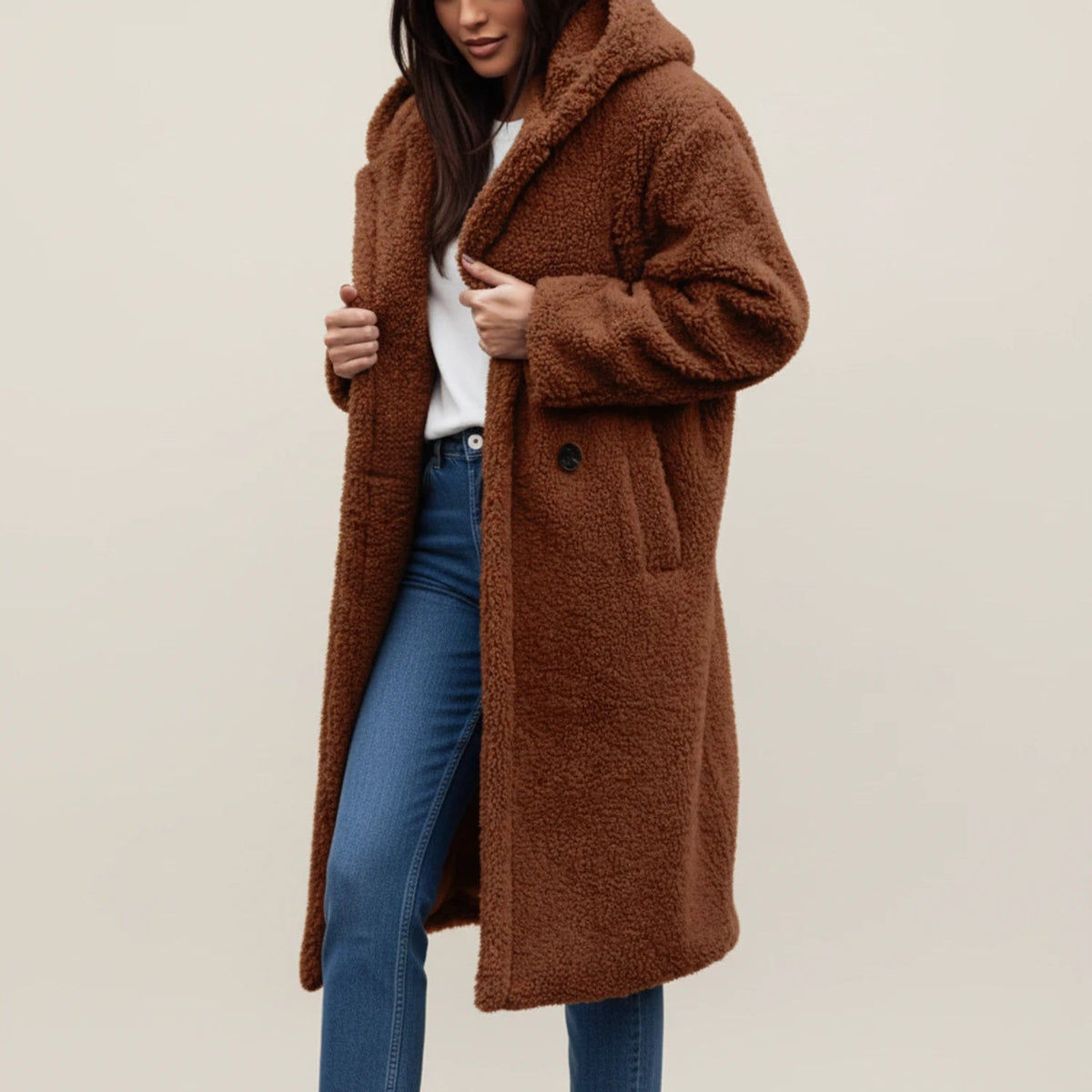 Long Hooded Teddy Coat with Button-Front Closure for Women - photo 5