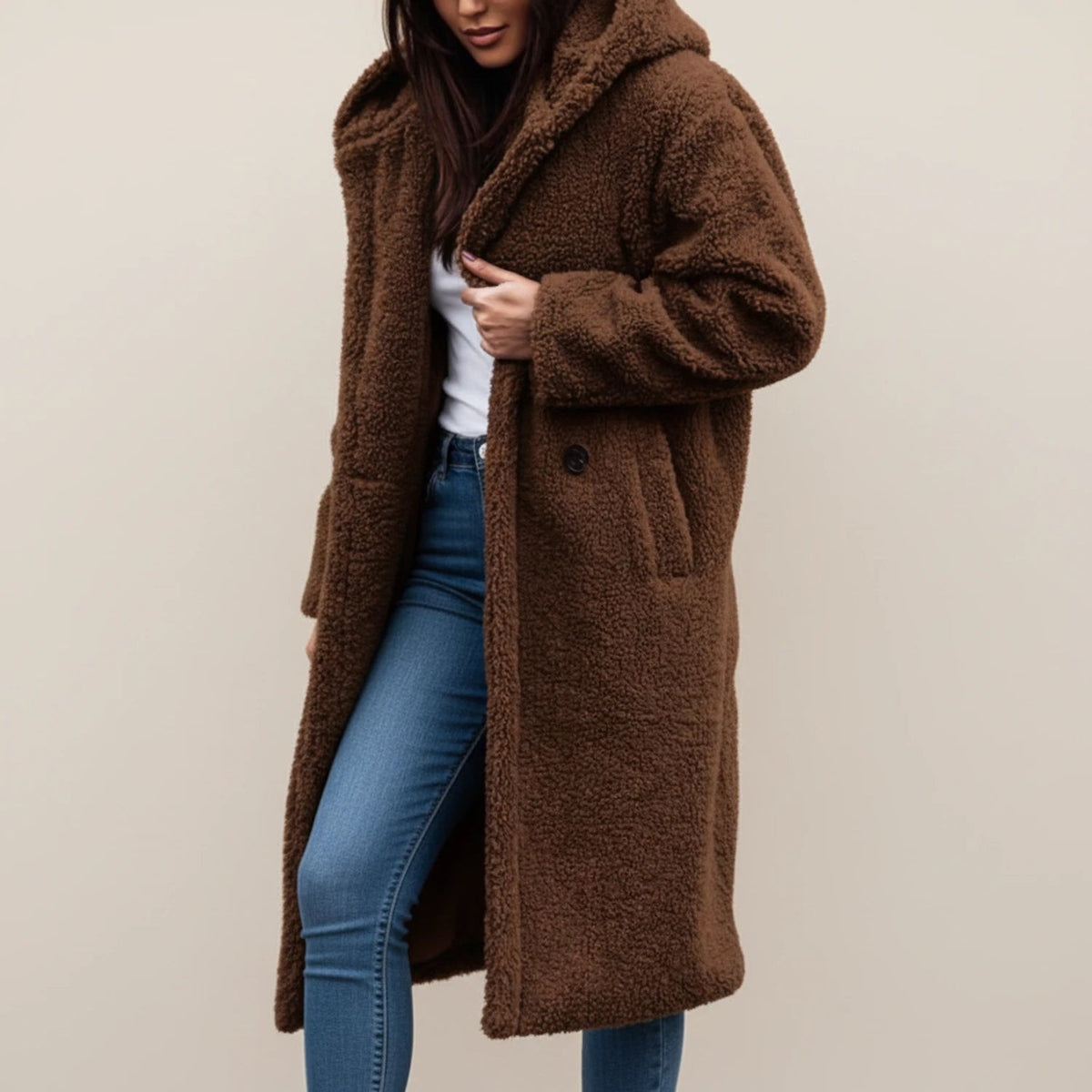 Long Hooded Teddy Coat with Button-Front Closure for Women - photo 7
