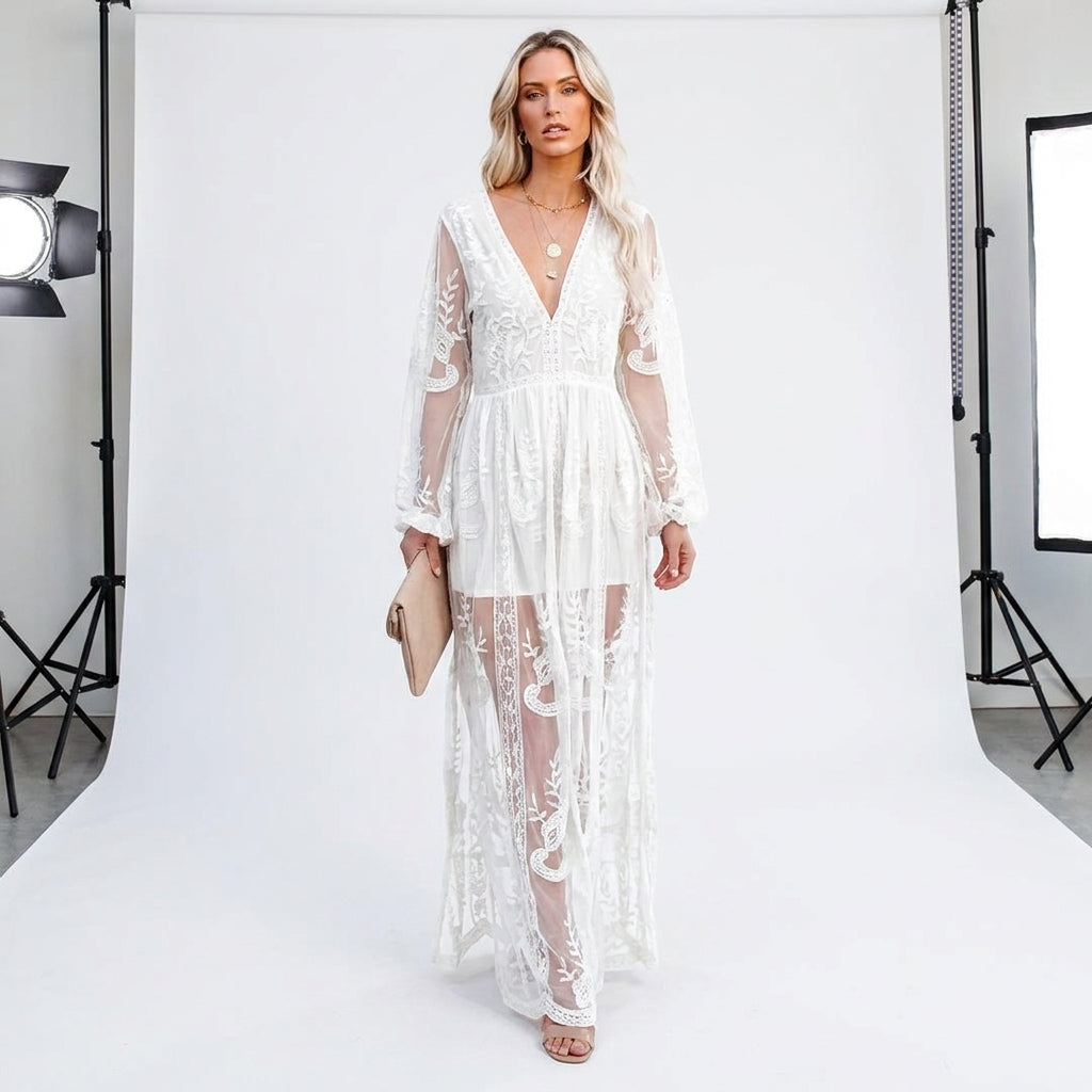 Lorena Lace V-Neck Split Maxi Dress
