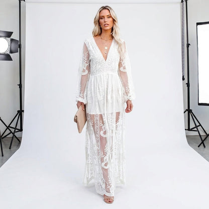 Lorena Lace V-Neck Split Maxi Dress