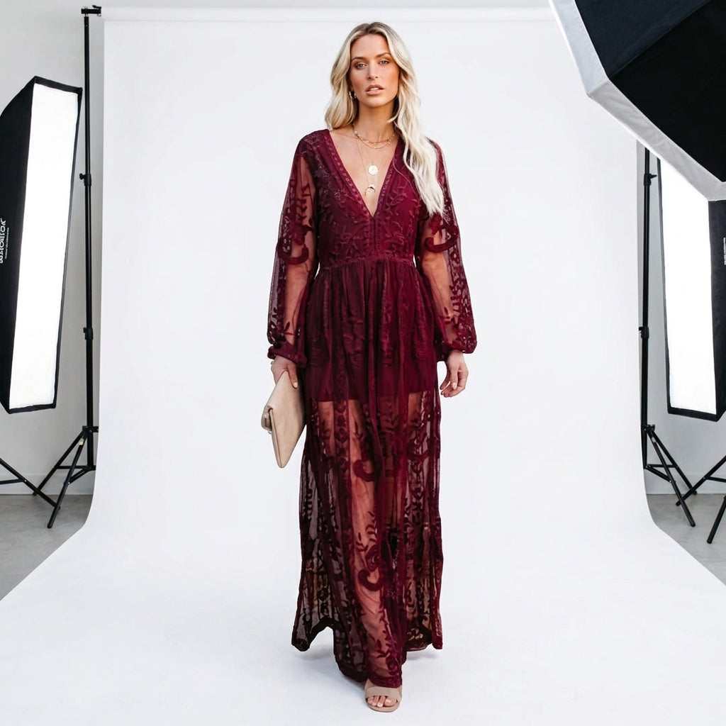 Lorena Lace V-Neck Split Maxi Dress