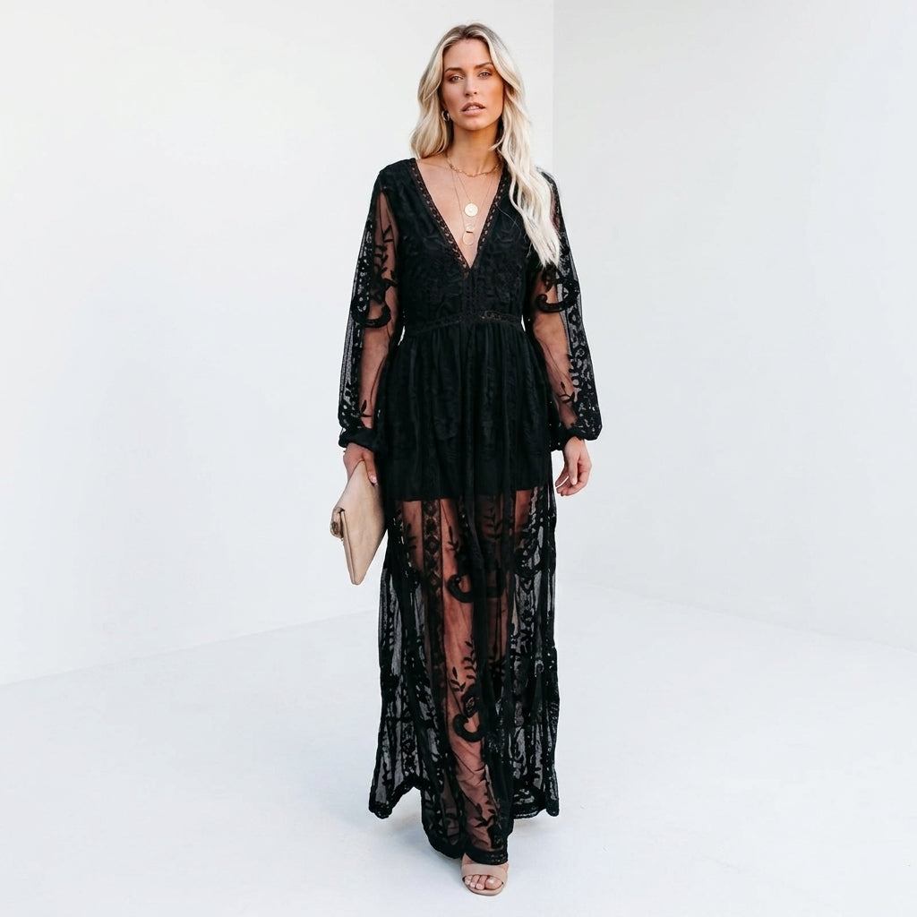 Lorena Lace V-Neck Split Maxi Dress