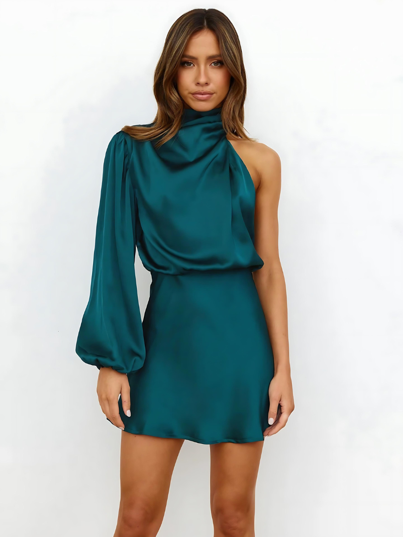 Lucia One-Shoulder Long-Sleeve Mini Dress