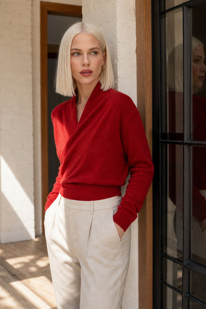 Luxe Crossover Collar Knit Sweater with Relaxed Fit - photo 5