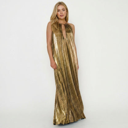 Lydia Metallic Pleated Halter Maxi Dress
