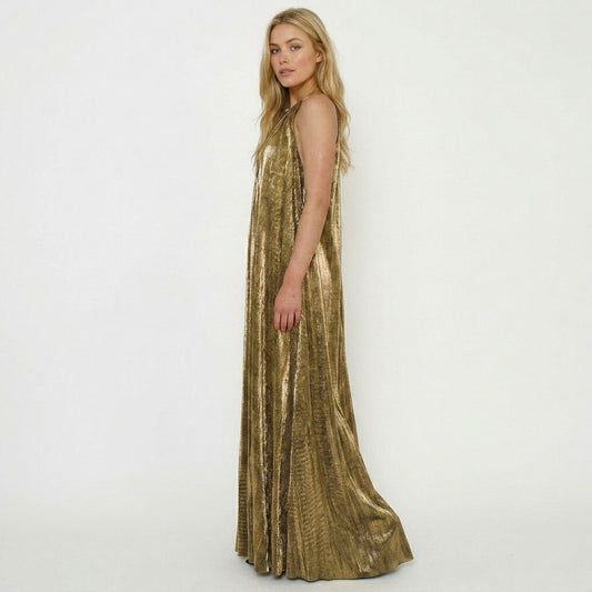 Lydia Metallic Pleated Halter Maxi Dress