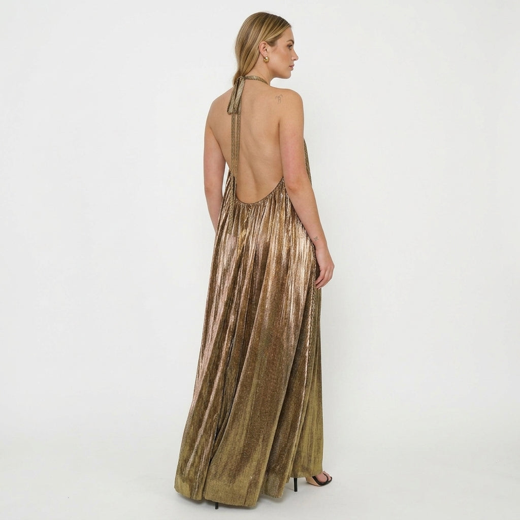 Lydia Metallic Pleated Halter Maxi Dress