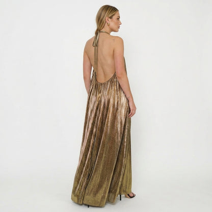 Lydia Metallic Pleated Halter Maxi Dress