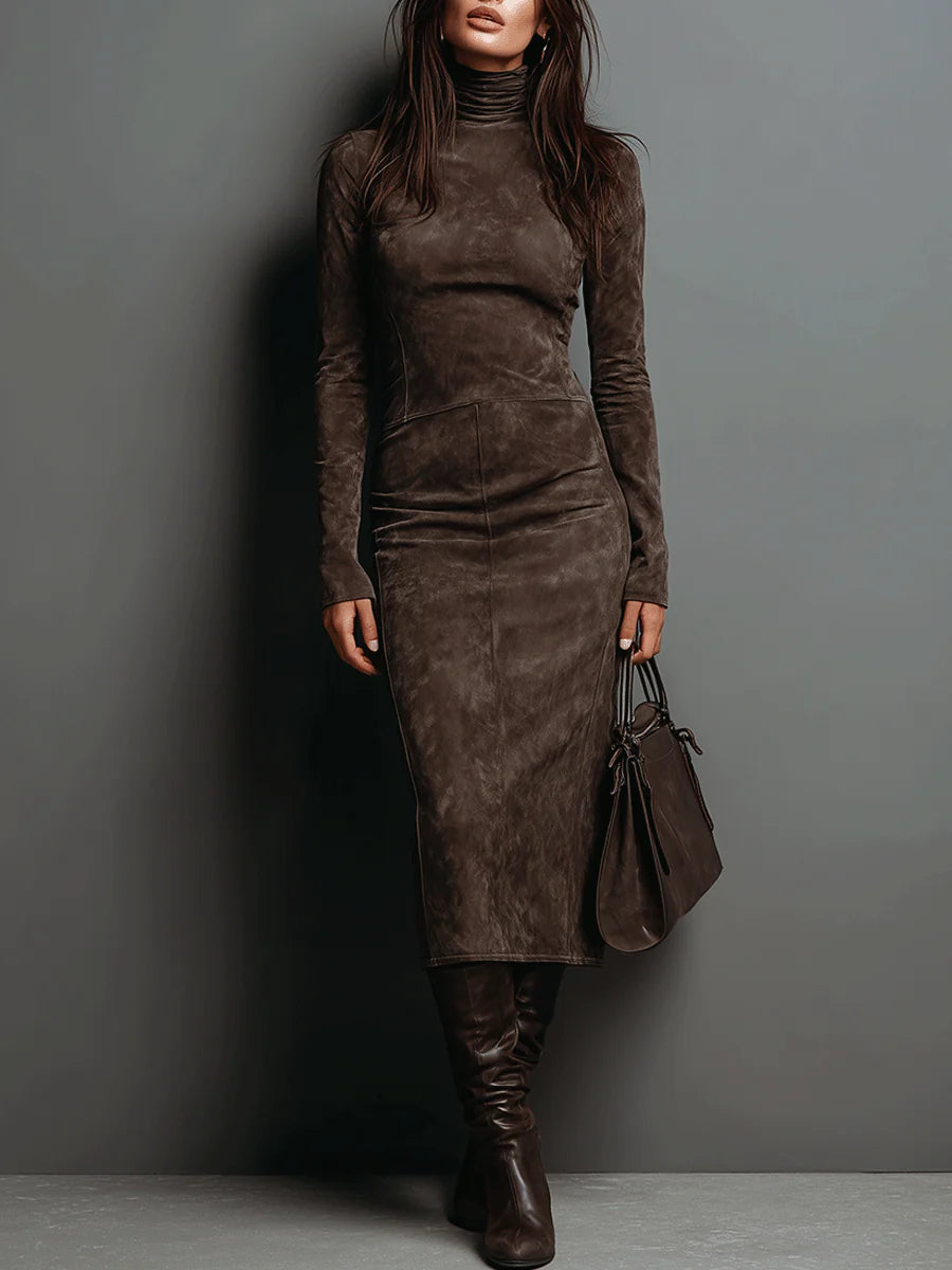 Mildred Elegant Suede Maxi Dress with Lace Detailing - photo 1