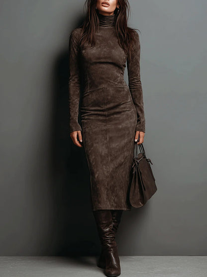 Mildred Elegant Suede Maxi Dress with Lace Detailing - photo 1