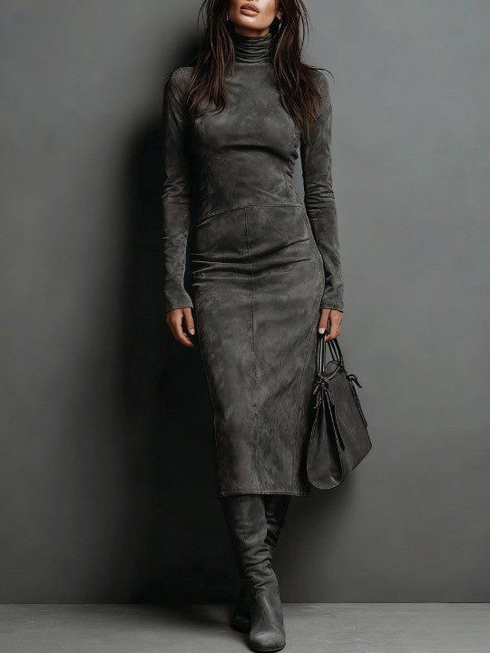 Mildred Elegant Suede Maxi Dress with Lace Detailing - photo 2