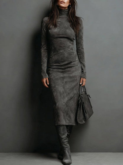 Mildred Elegant Suede Maxi Dress with Lace Detailing - photo 2