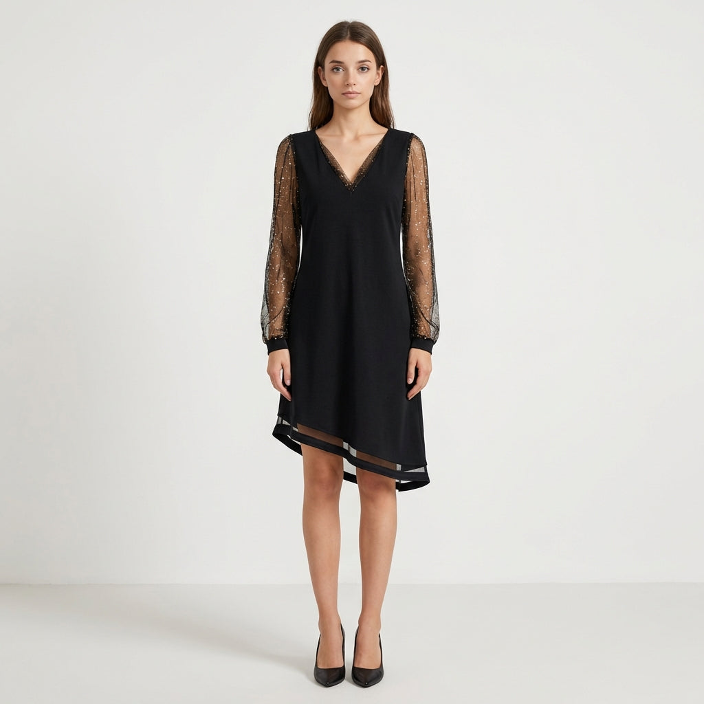 Nicole Glitter-Sleeve V-Neck Midi Dress
