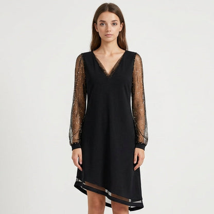 Nicole Glitter-Sleeve V-Neck Midi Dress