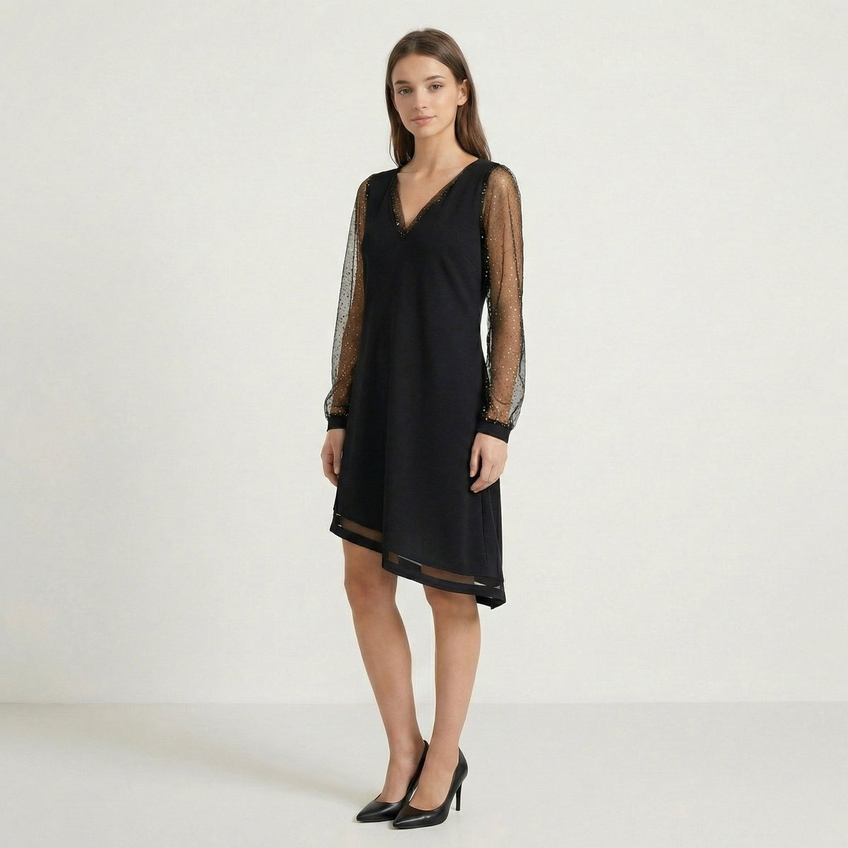 Nicole Glitter-Sleeve V-Neck Midi Dress