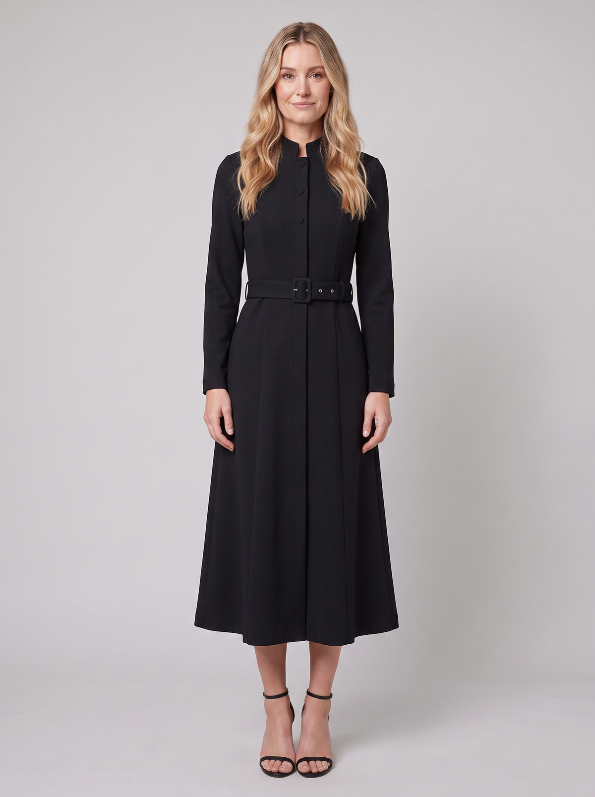 Nola Belted A-Line Midi Dress - Stand Collar, Belted Waist - photo 1