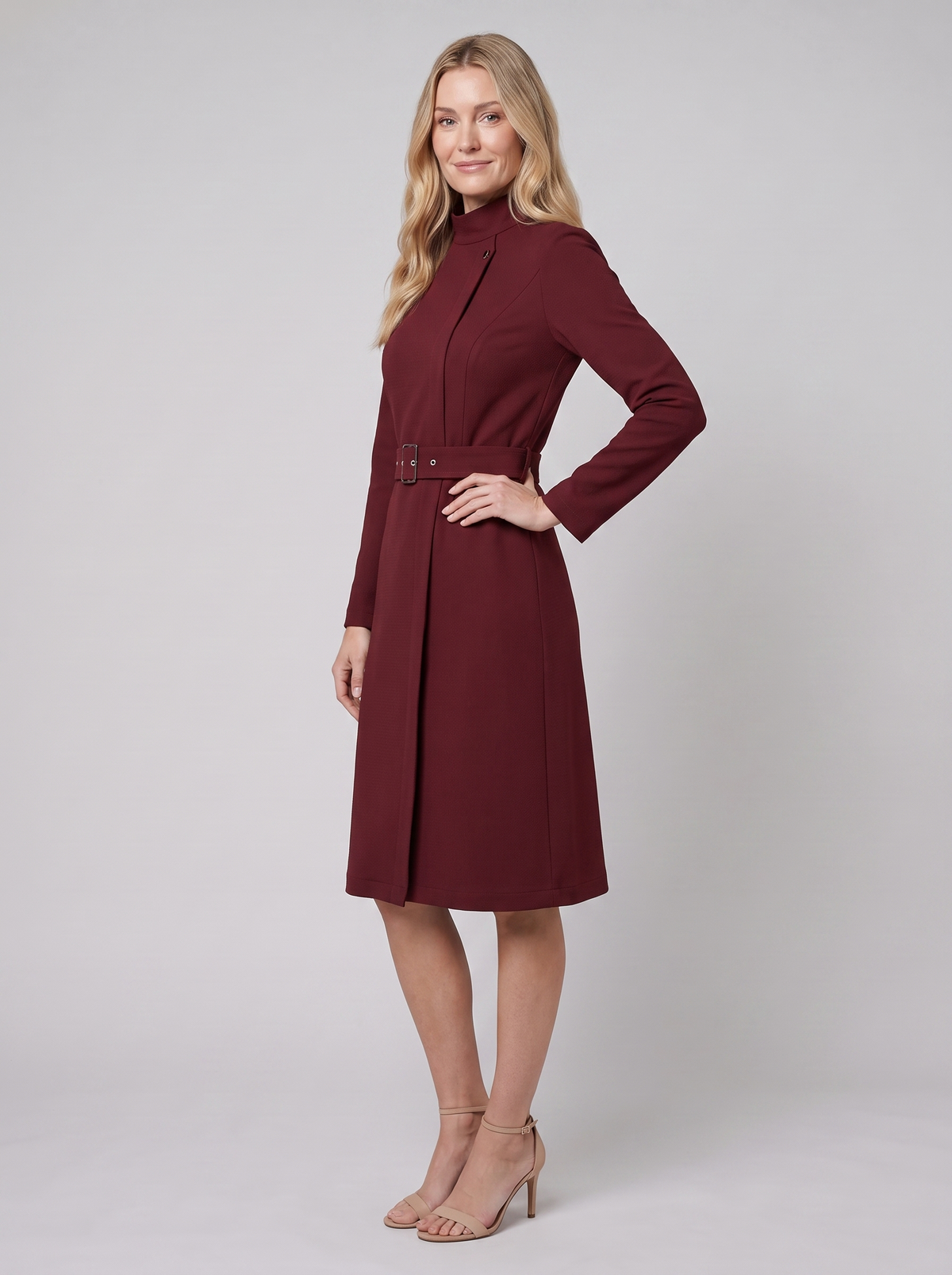 Nola Belted A-Line Midi Dress - Stand Collar, Belted Waist - photo 2