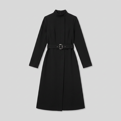 Nola Belted A-Line Midi Dress - Stand Collar, Belted Waist - photo 3