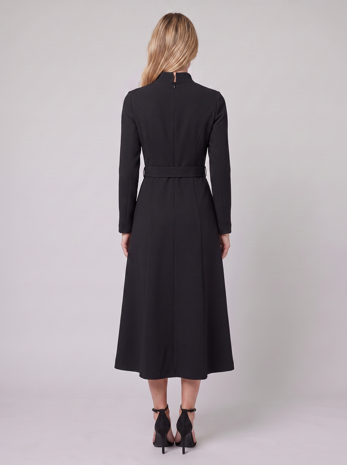 Nola Belted A-Line Midi Dress - Stand Collar, Belted Waist - photo 4