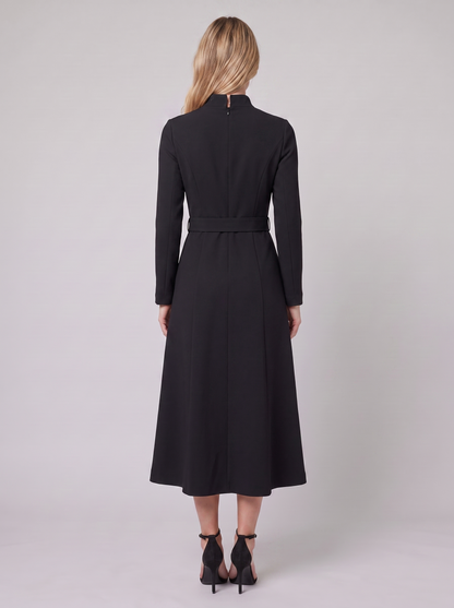 Nola Belted A-Line Midi Dress - Stand Collar, Belted Waist - photo 4