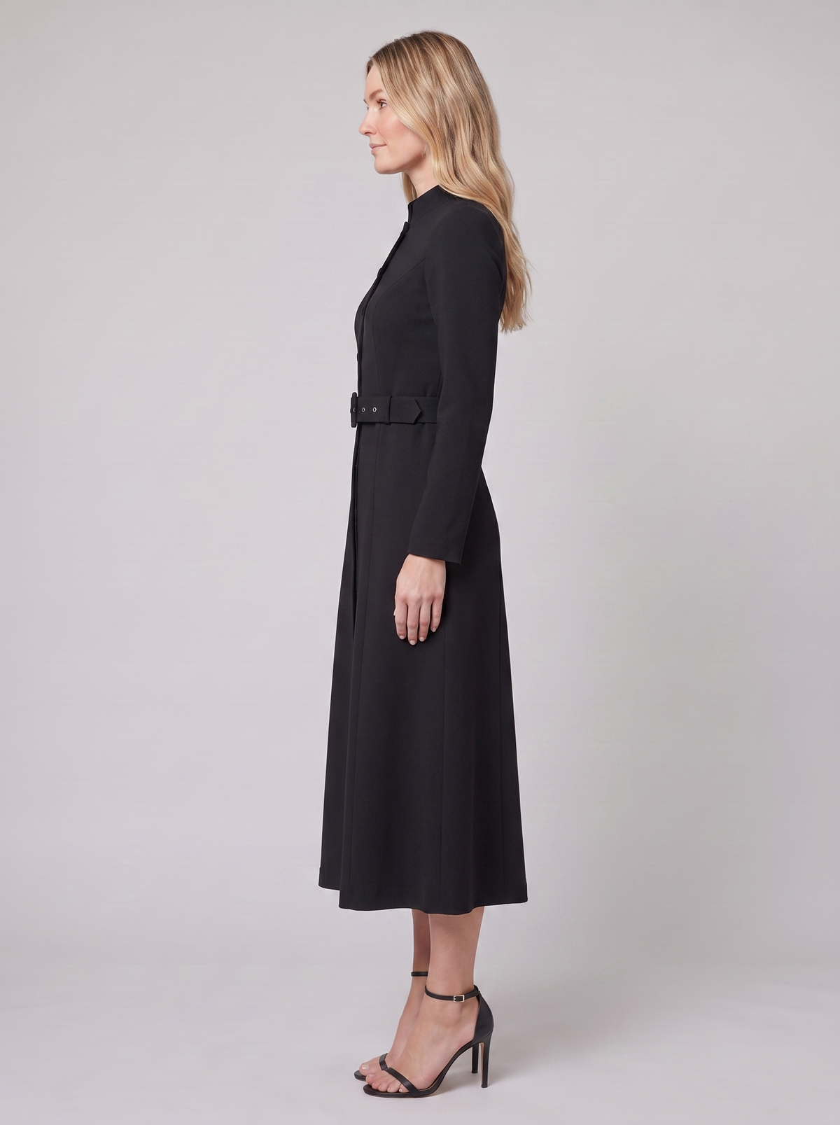 Nola Belted A-Line Midi Dress - Stand Collar, Belted Waist - photo 5