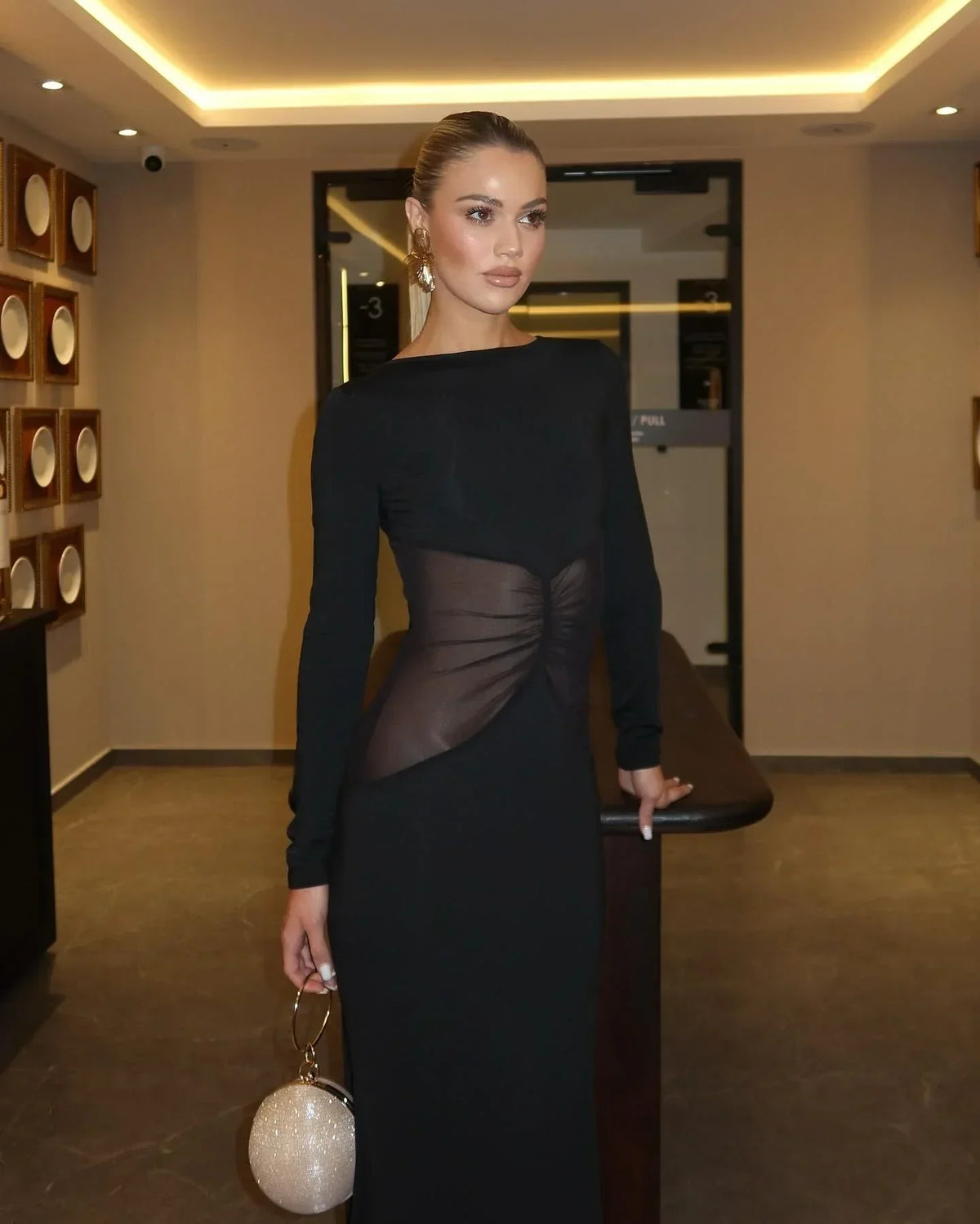 Pearl Long-Sleeve Mesh Bodycon Maxi Dress
