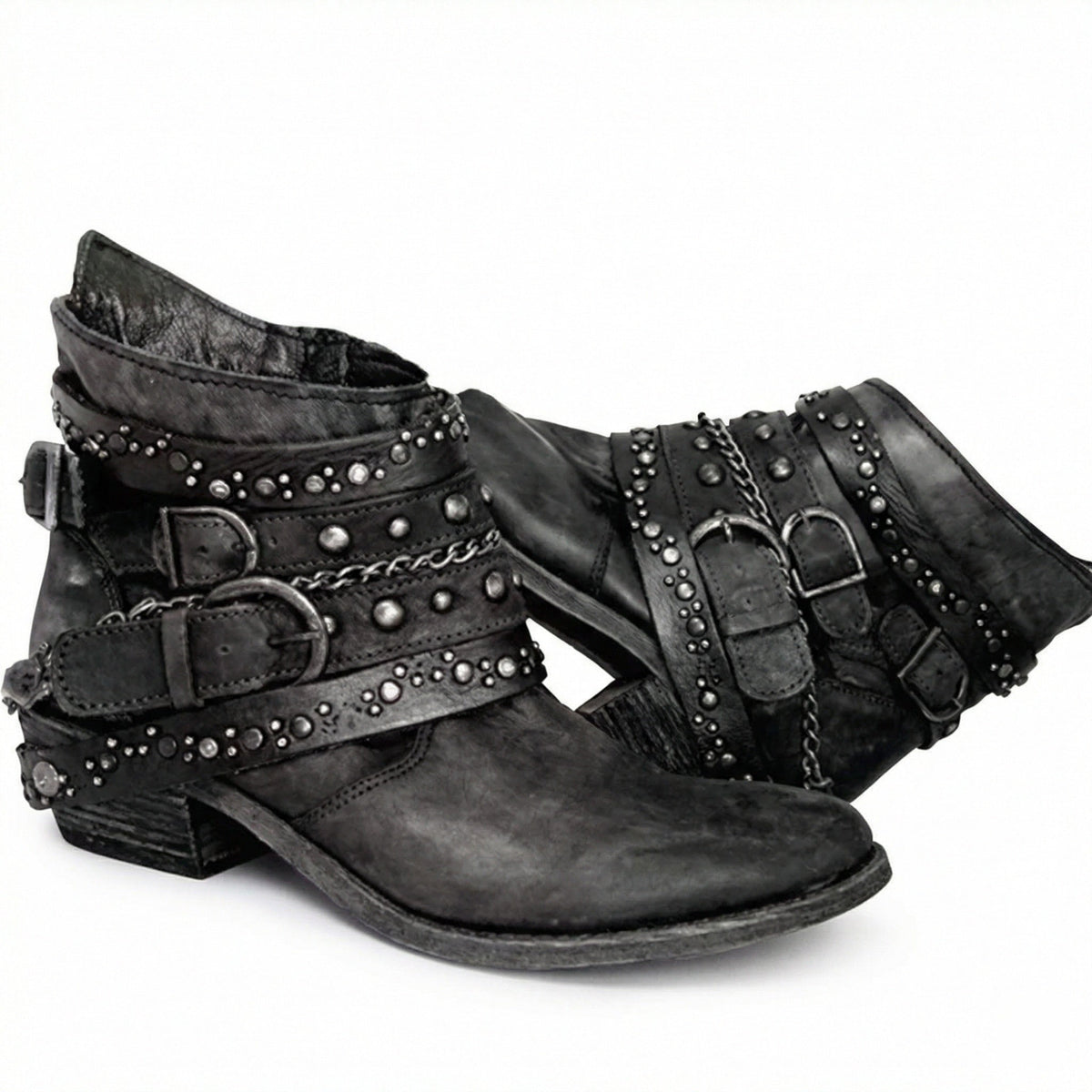 Raven Studded Buckle Ankle Boots