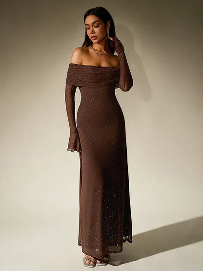 Solange Off-Shoulder Shimmer Evening Gown