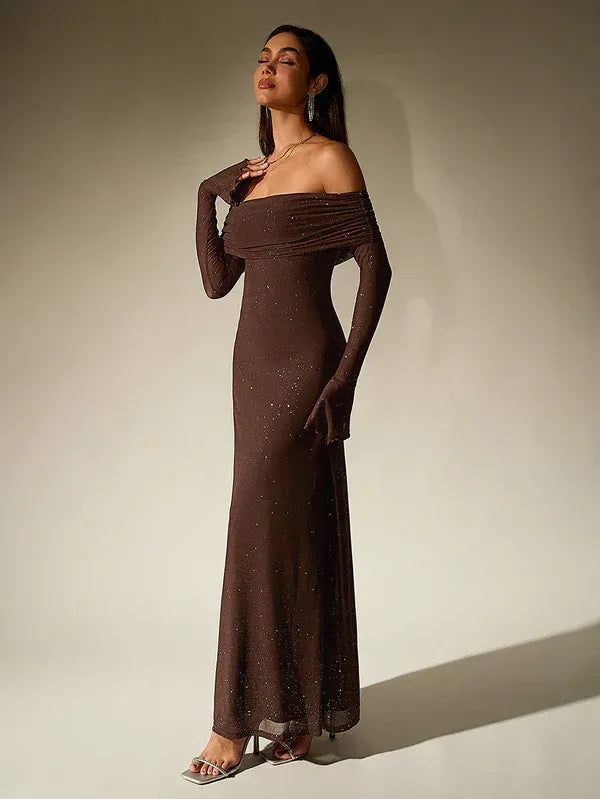 Solange Off-Shoulder Shimmer Evening Gown