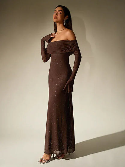 Solange Off-Shoulder Shimmer Evening Gown