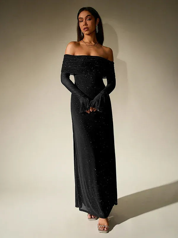 Solange Off-Shoulder Shimmer Evening Gown