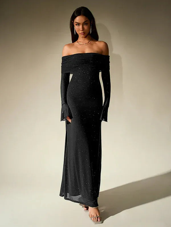 Solange Off-Shoulder Shimmer Evening Gown