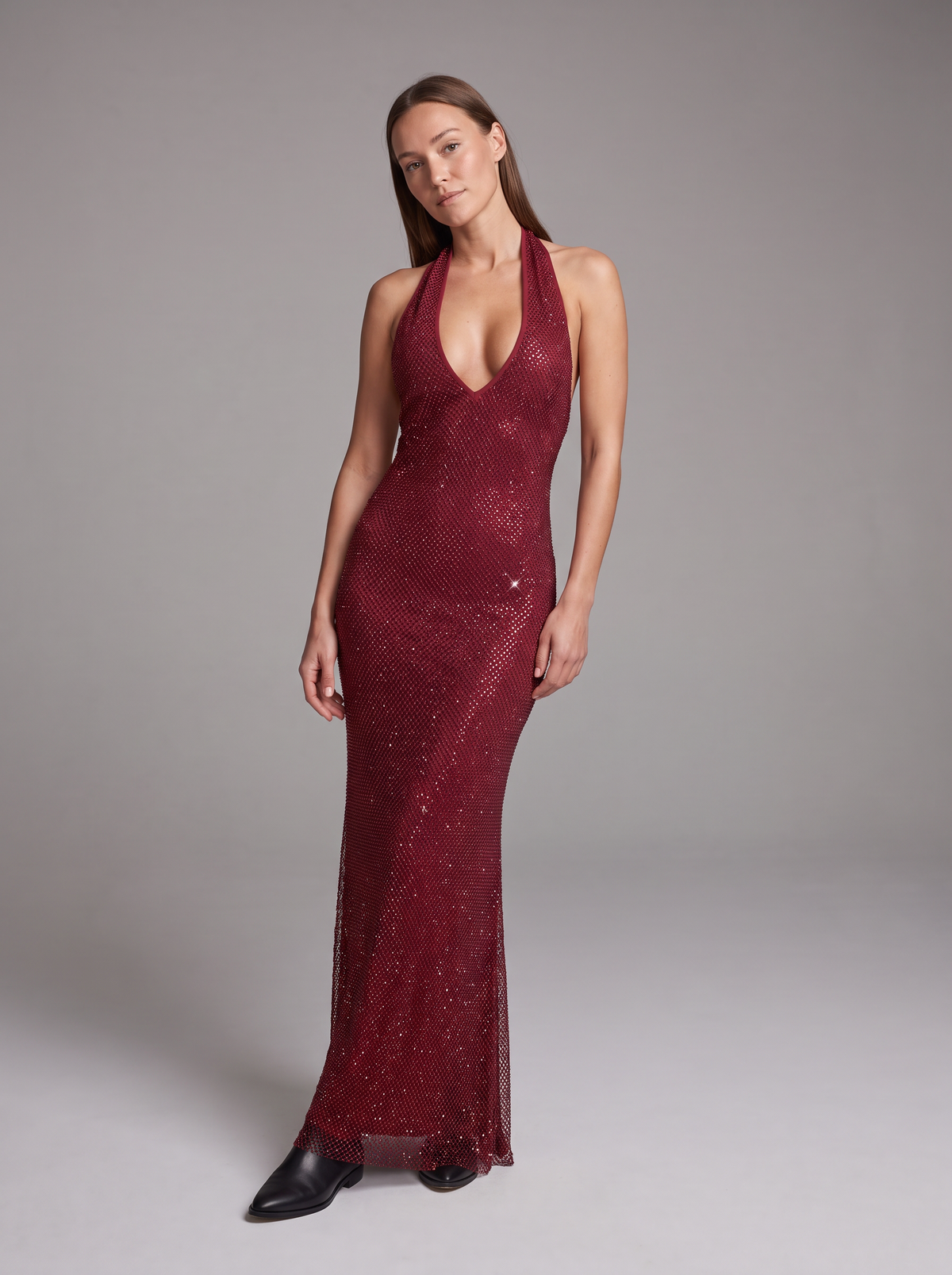 Thea Sequin Plunge Halter Maxi Dress