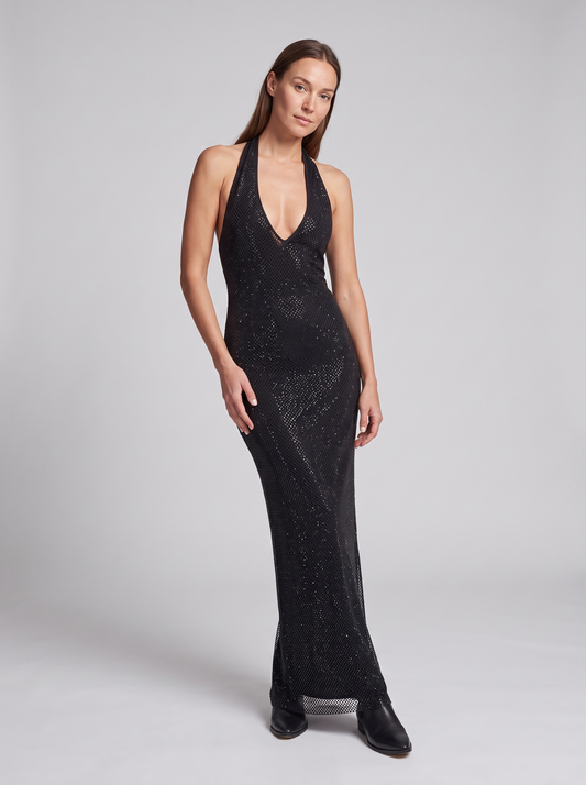 Thea Sequin Plunge Halter Maxi Dress