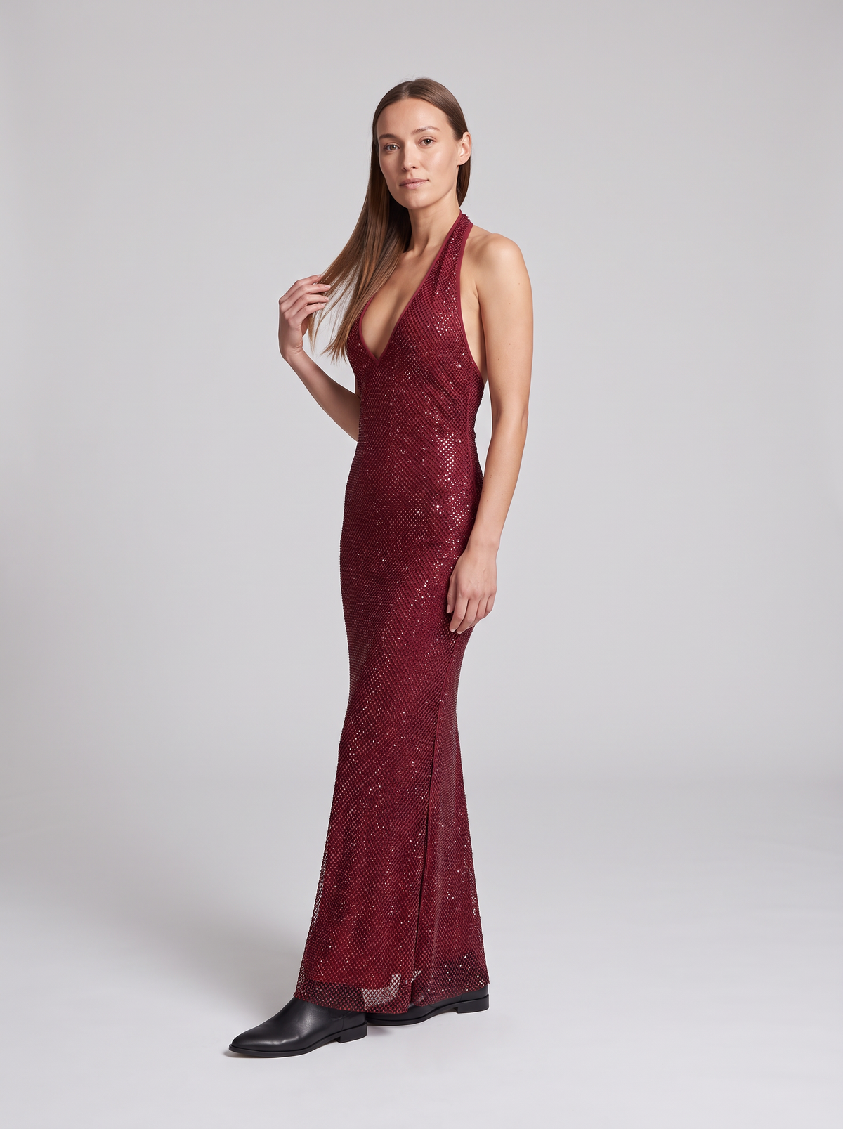 Thea Sequin Plunge Halter Maxi Dress