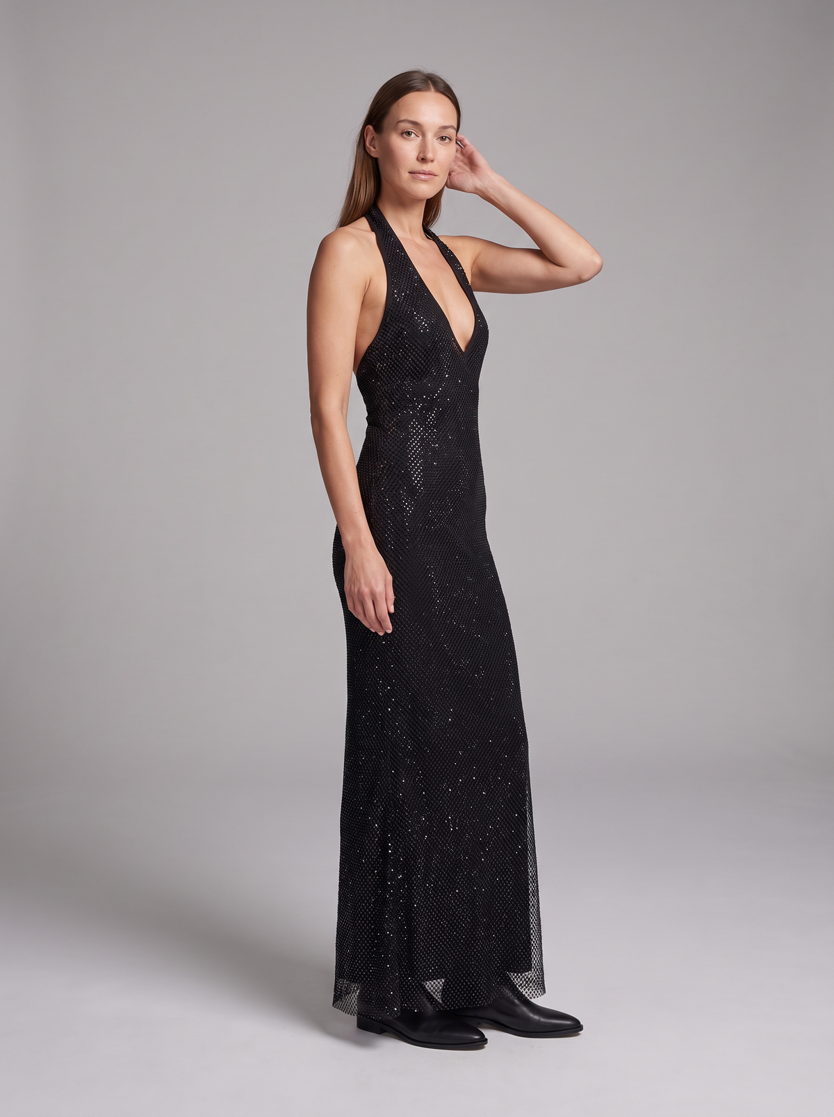 Thea Sequin Plunge Halter Maxi Dress